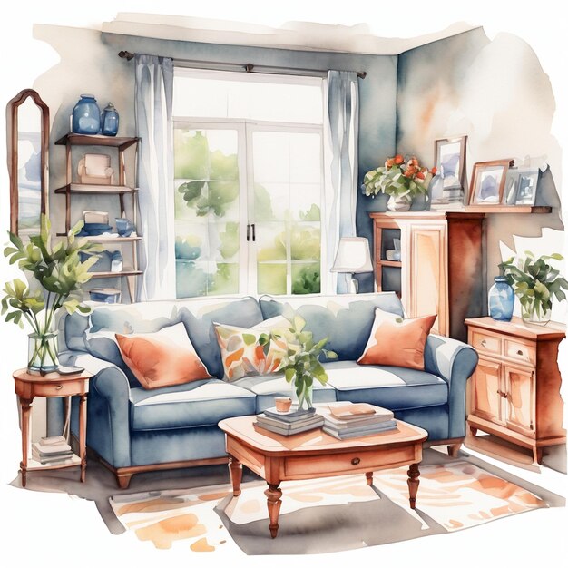 a drawing of a living room with a couch and a coffee table