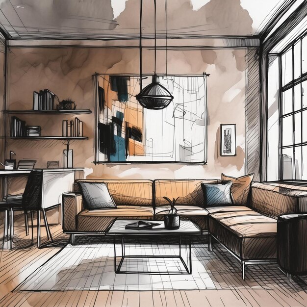 Photo a drawing of a living room with a couch and a coffee table