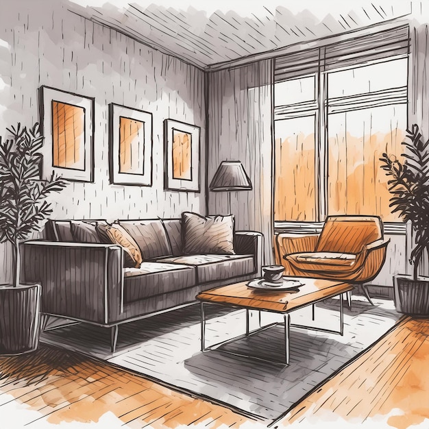 Photo a drawing of a living room with a couch and a coffee table