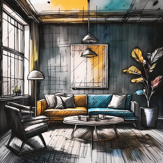 a drawing of a living room with a couch and a coffee table