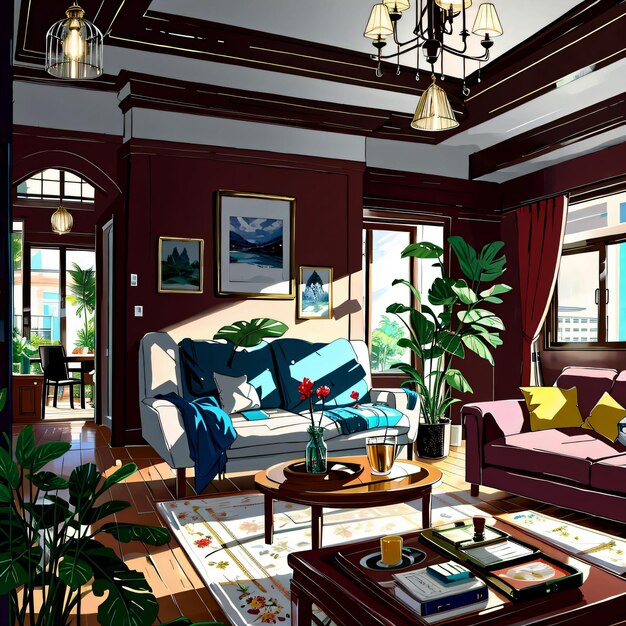 A drawing of a living room with a couch and a coffee table.