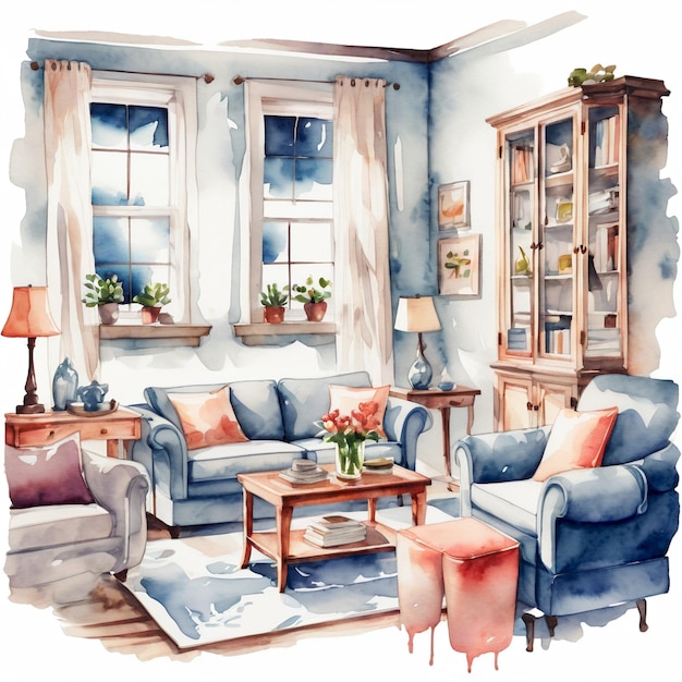 a drawing of a living room with a couch and a window