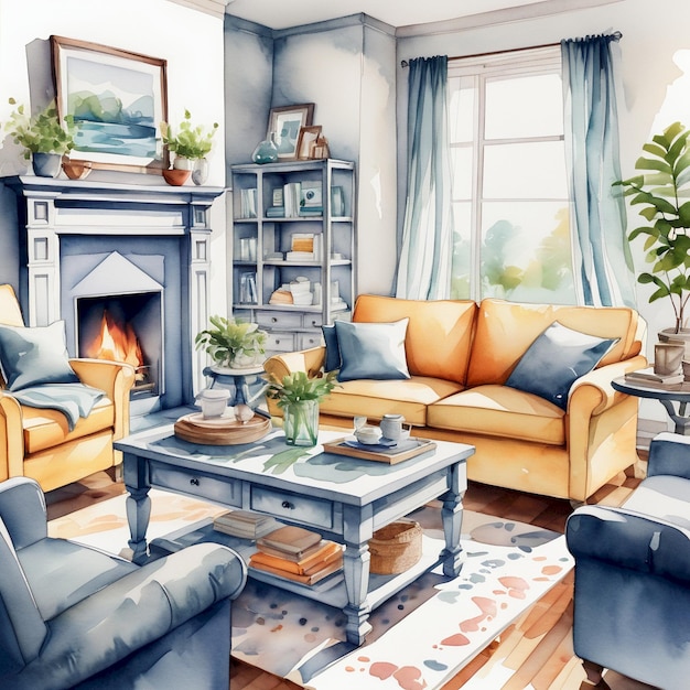 Photo a drawing of a living room with a fireplace and a couch