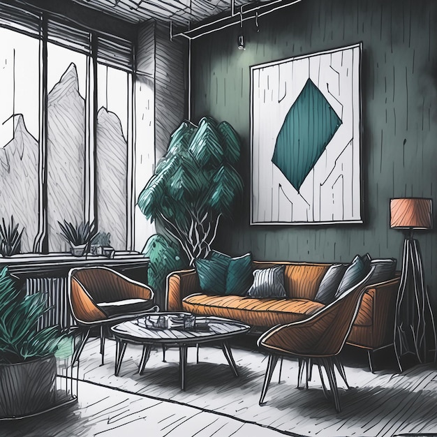 a drawing of a living room with a green and white painting of a tree