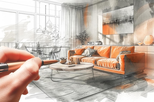 Photo a drawing of a living room with a hand holding a pen