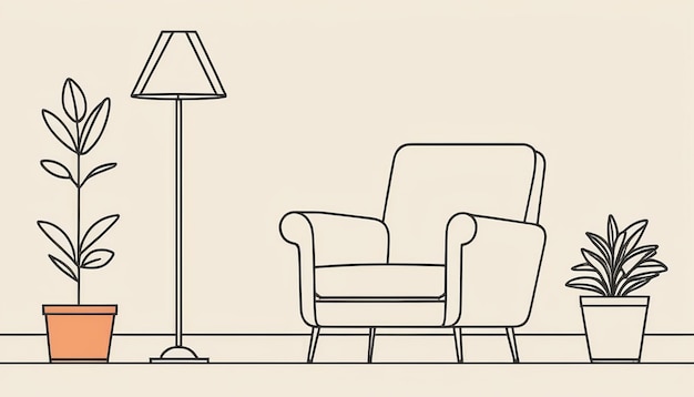 a drawing of a living room with a lamp and a lamp