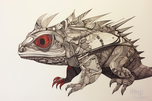 A drawing of a lizard with a red eye.