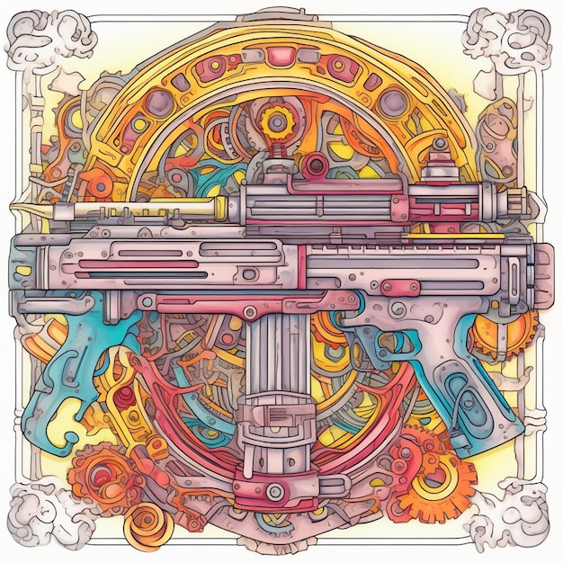 a drawing of a machine gun with gears and gears in the background generative ai