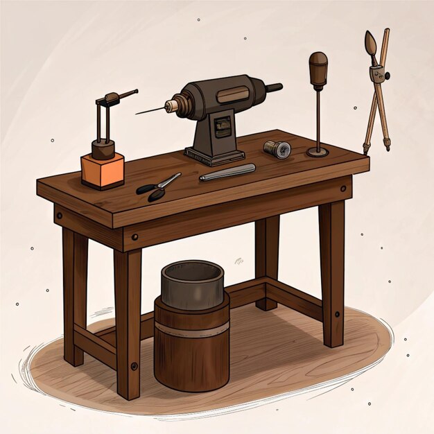 a drawing of a machine with a hammer and a wooden table with a picture of a tool on it