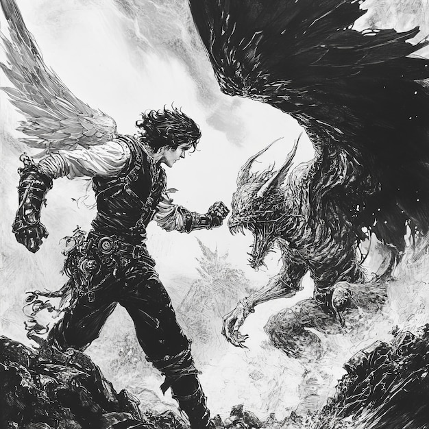 Photo a drawing of a man and a dragon with wings