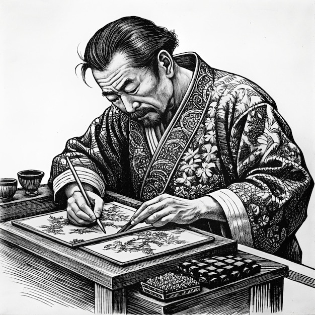 Photo a drawing of a man drawing with a pen and ink