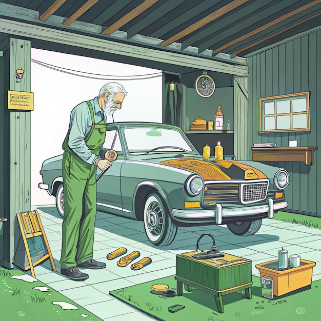 Photo a drawing of a man in a garage with a car and a sign that says quot old car quot