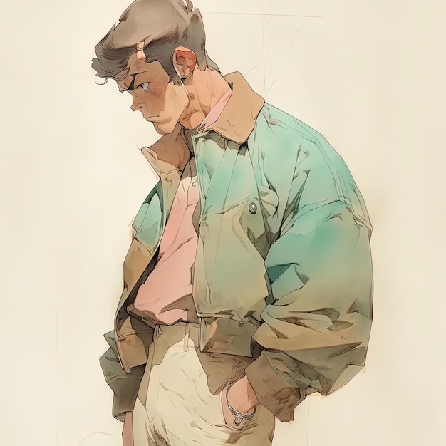 A drawing of a man in a green jacket