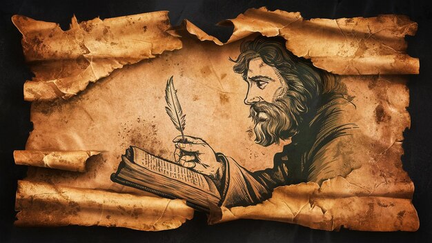 a drawing of a man holding a pen and a book an old and distorted parchmentlike background