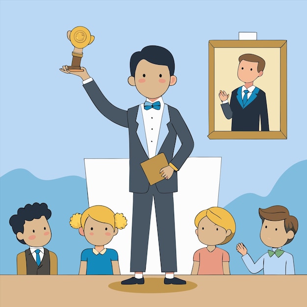 Photo a drawing of a man holding up a trophy and a picture of people in front of him