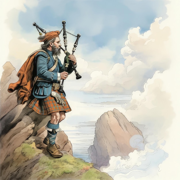 Photo a drawing of a man playing the bagpipes with a mountain in the background