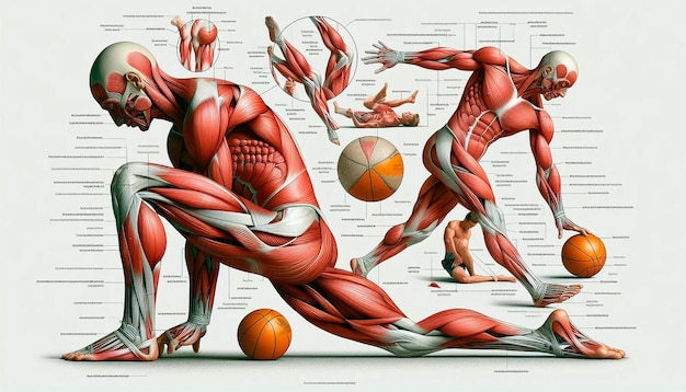 Photo a drawing of a man playing basketball with the muscles labeled as the game of the game