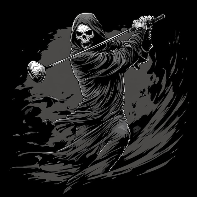 A drawing of a man playing golf with a skull and a skull on the back