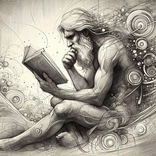 a drawing of a man reading a book called god