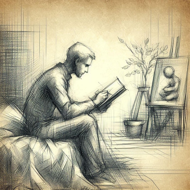 Photo a drawing of a man reading a book next to a painting