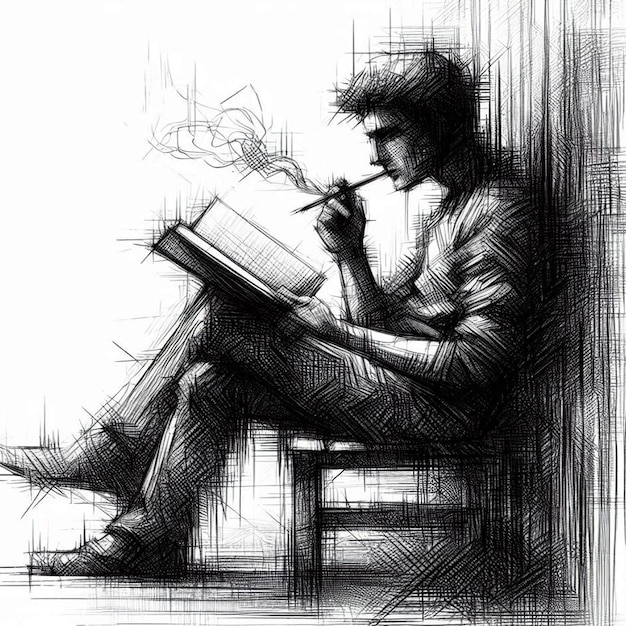 a drawing of a man reading a book and smoking a cigarette