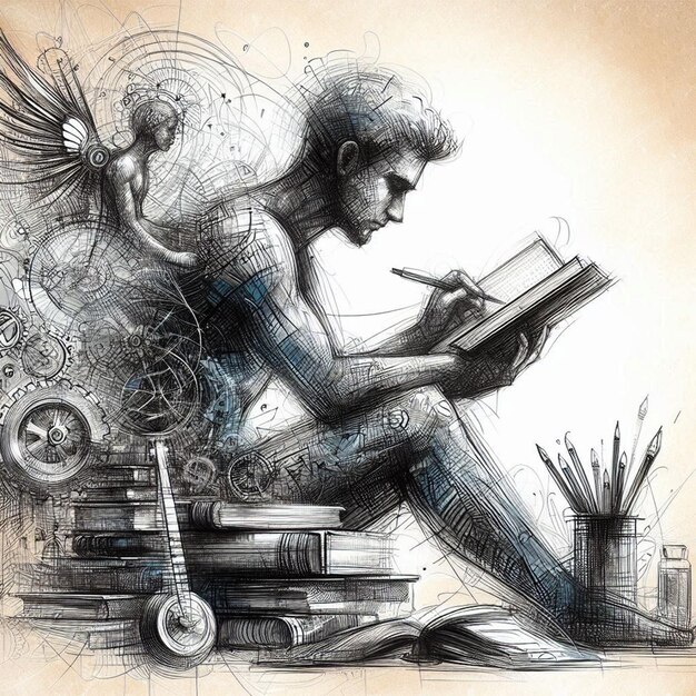 a drawing of a man reading a book with a drawing of a man reading a book