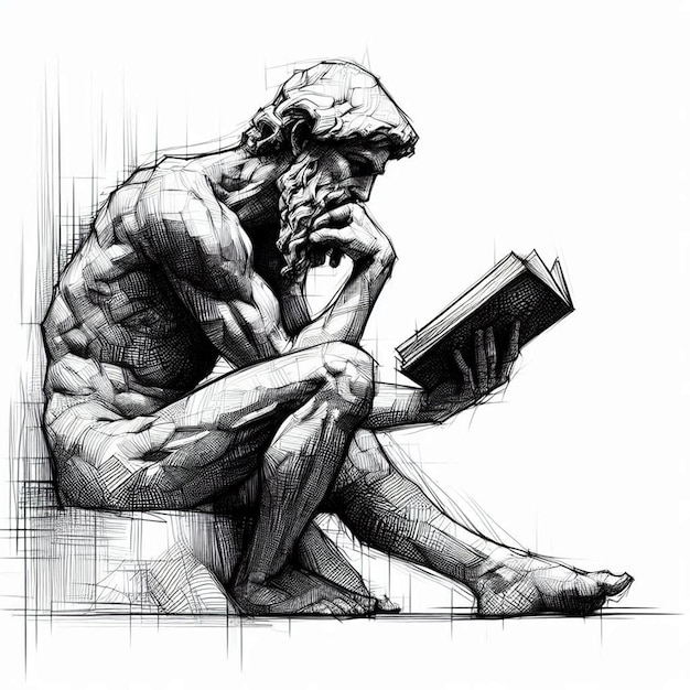 a drawing of a man reading a book with the words  god  on it