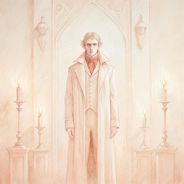 a drawing of a man in a robe and a candle