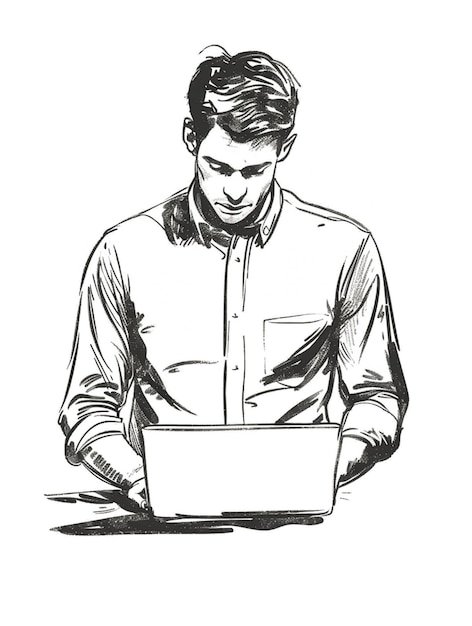 Photo a drawing of a man sitting at a table with a laptop