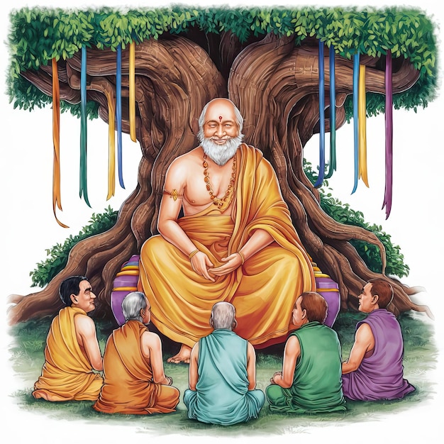 Photo a drawing of a man sitting under a tree with other people sitting under it