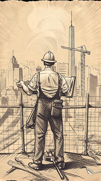 Drawing of a man standing on a roof with a city in the background