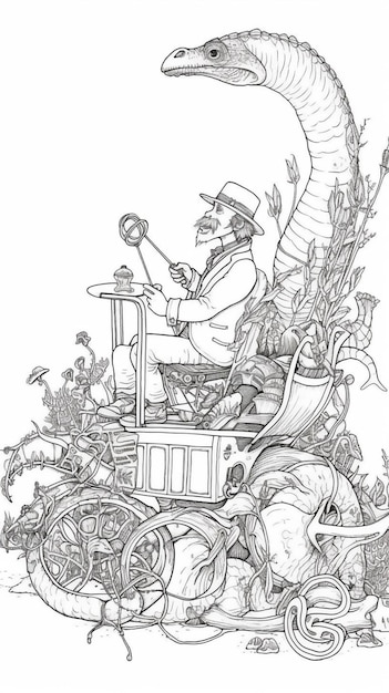 A drawing of a man in a suit and hat driving a car with a large skull on the back.