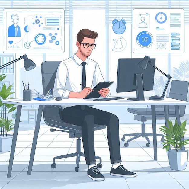 a drawing of a man in a suit sitting at a desk with a computer and a monitor