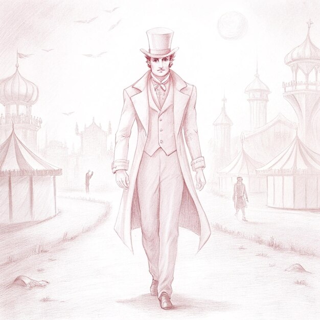 a drawing of a man in a top hat and coat walking down a street