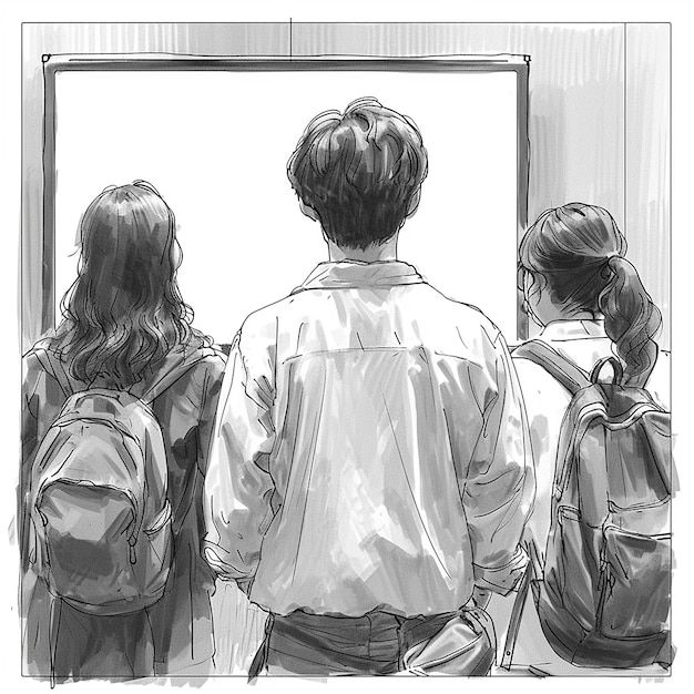 a drawing of a man and two girls looking at a mirror