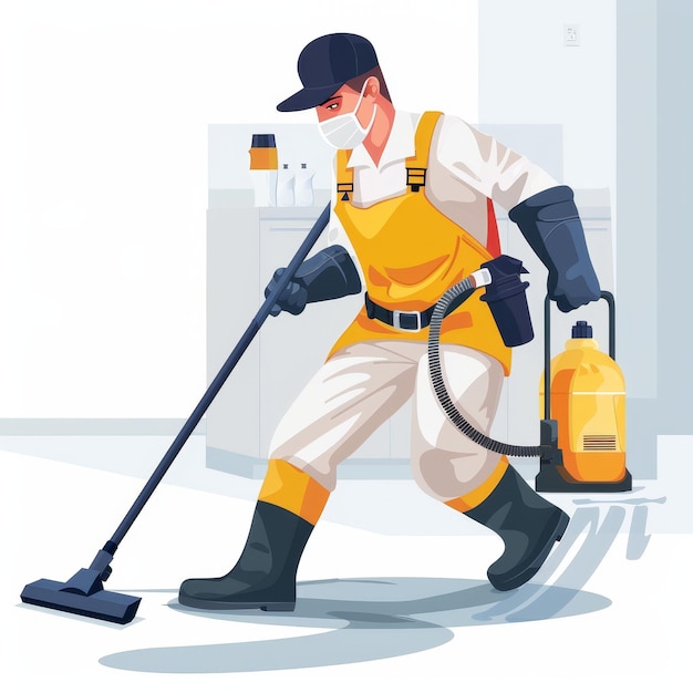 a drawing of a man using a mop and a hose