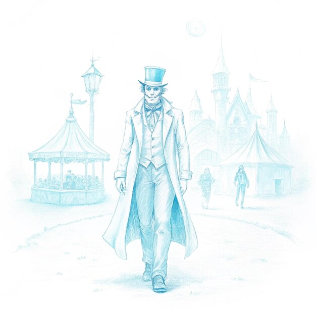 a drawing of a man walking in front of a carousel