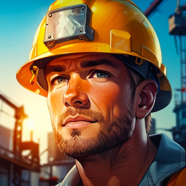 a drawing of a man wearing a hard hat and a vest that says hard rock