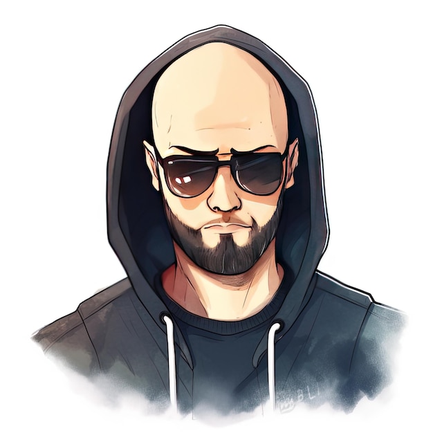 a drawing of a man wearing sunglasses and a hoodie.