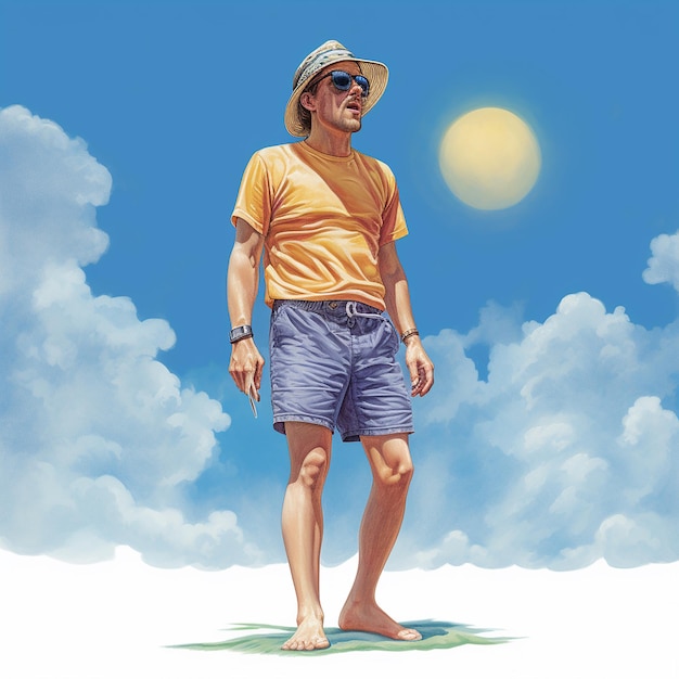 a drawing of a man wearing a yellow shirt and blue shorts