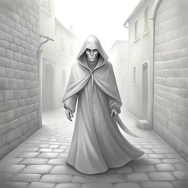 a drawing of a man in a white cloak with a white mask on it