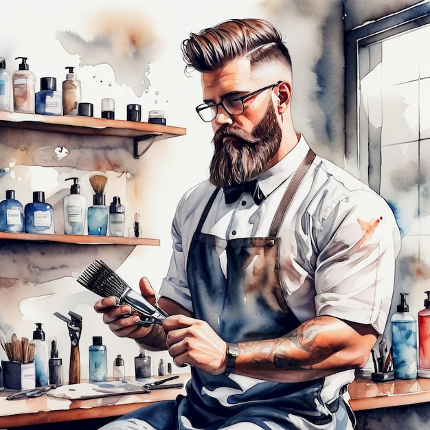 Photo a drawing of a man with a beard and glasses reading a book