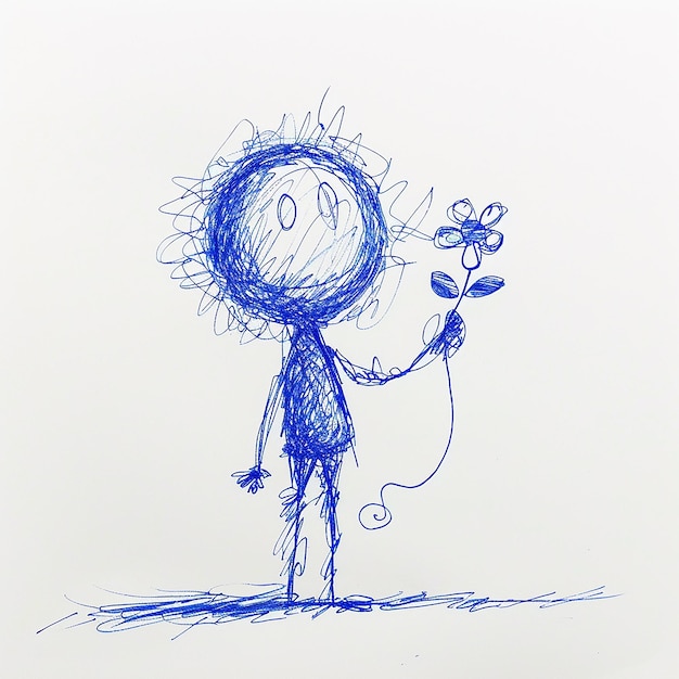 a drawing of a man with a flower and a drawing of a person with a blue hat