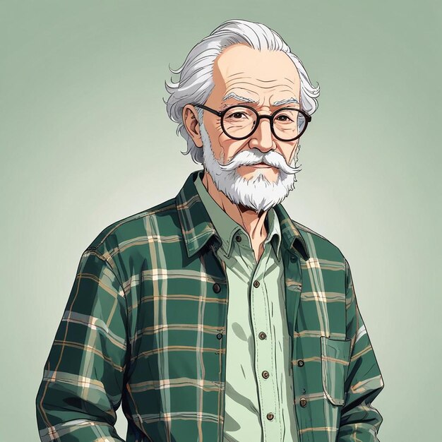 a drawing of a man with glasses and a green shirt that says old man