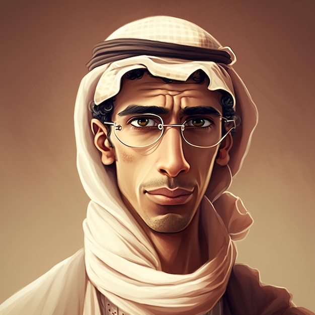 A drawing of a man with glasses and a scarf that says'al ain'on it