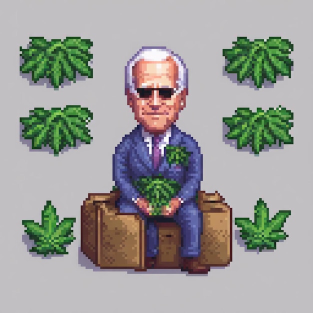 a drawing of a man with a suit on sitting on a suitcase with a plant in it