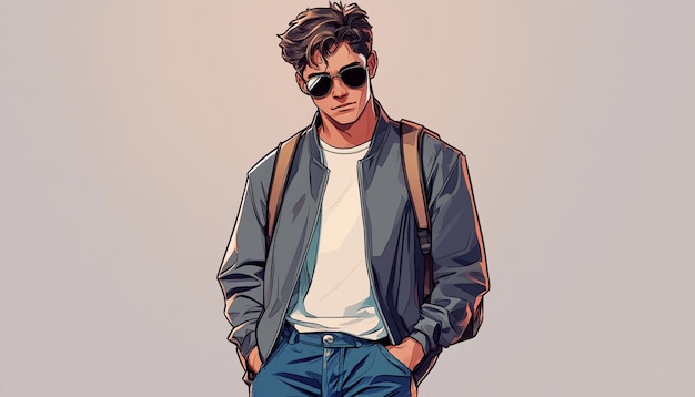 a drawing of a man with sunglasses and a jacket that says quot hes a fashion brand quot