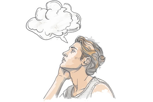 Photo a drawing of a man with a thought bubble above his head