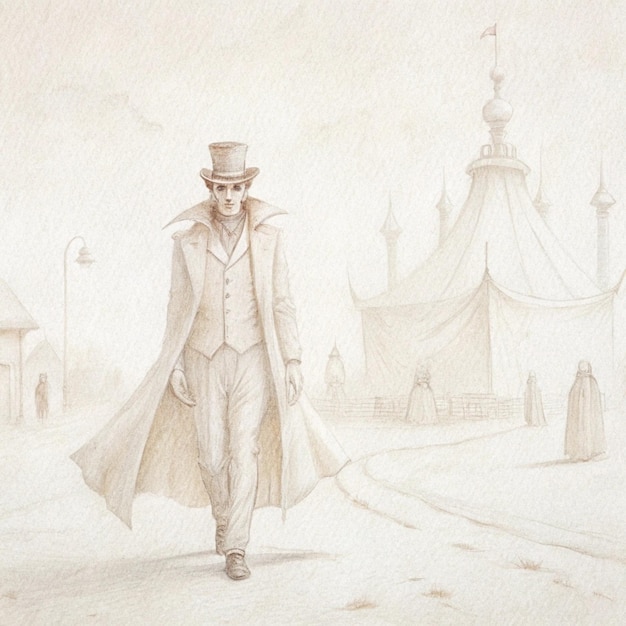 a drawing of a man with a top hat and a top hat