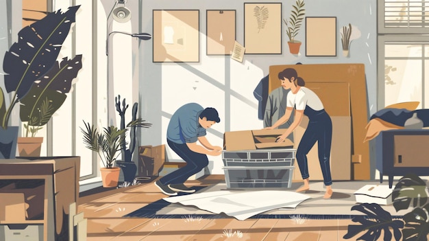 Photo a drawing of a man and woman packing a box